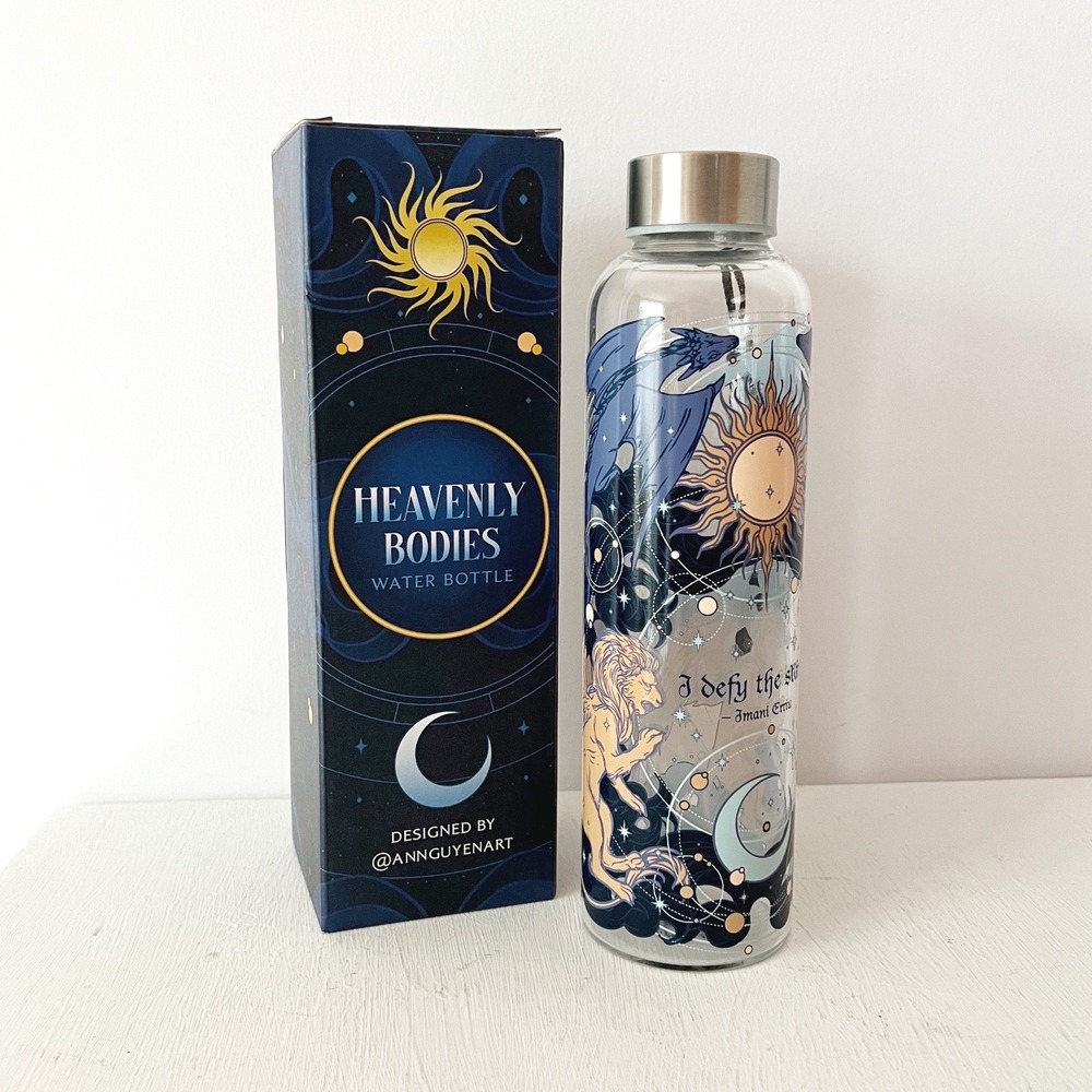 FairyLoot Heavenly Bodies Glass Water Bottle Blue Celestial Sun Moon Leo New